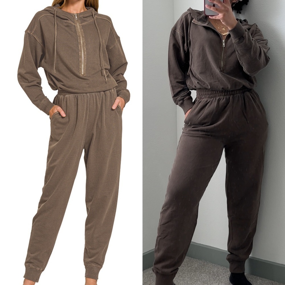 NEW Zenana Brown French Terry Cotton Hooded Jogger Jumpsuit Size Medium